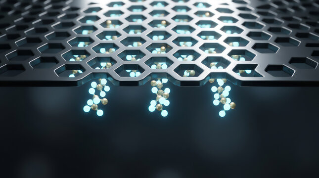 Generative ai , 3D Render of Molecules Passing Through Graphene Nano filter Membrane, Nanotechnology Concept