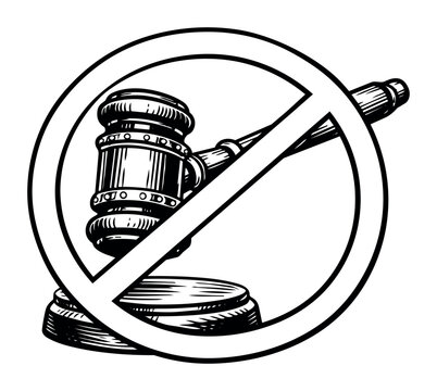 Judge's gavel and sound block within a circular prohibition symbol, representing injustice, legal restrictions, or forbidden law