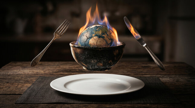Burned bowl holds a cracked earth with rising flames. Hovering fork and knife frame the scene above an empty plate. Environmental strain and global warming concept image.