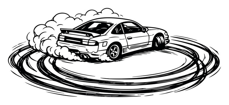 Sport car drifting sideways, creating smoke and tire marks on the asphalt. Capturing the essence of high-speed racing