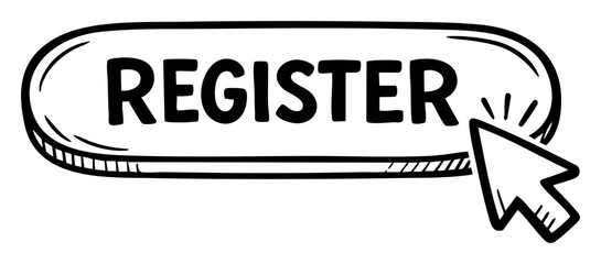 Obraz premium Register button in a hand drawn doodle style with a cursor clicking. Representing online sign up, registration, account creation, and user actions on websites