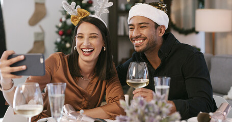 Christmas, selfie or happy couple with wine in house, social media post or profile picture update....