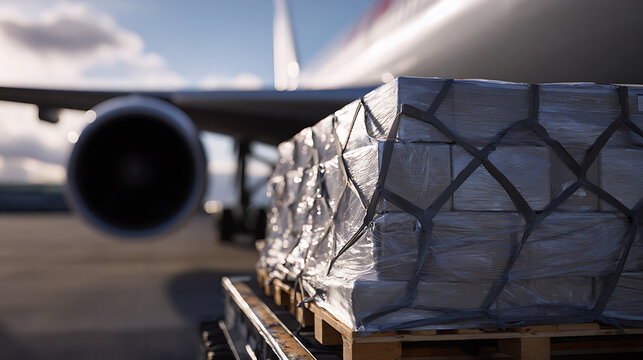 Air cargo transport with freight on pallets ready for loading onto an aircraft fuselage and engine at an airport tarmac in daylight
