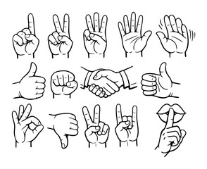 Fototapeta premium Hand gestures featuring different communication signs, approval, counting, peace, and speech silence in a set of line art icons