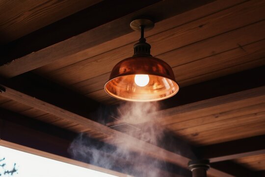Copper lamp on wooden ceiling emits mist. Fog cooling system provides comfort in hot weather. Outdoor terrace gets refreshed with water spray during summer heat.