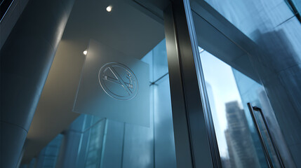 Fototapeta premium Abstract View of a Modern Building Interior with No Smoking Sign on Glass, Reflecting a Cityscape, Presenting a Clean and Professional Environment