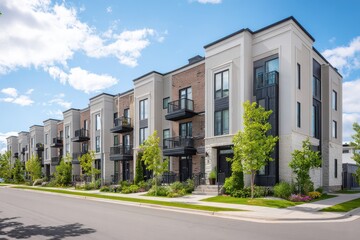 Obraz premium New housing development: streamlined townhouses with large windows and outdoor spaces under blue sky