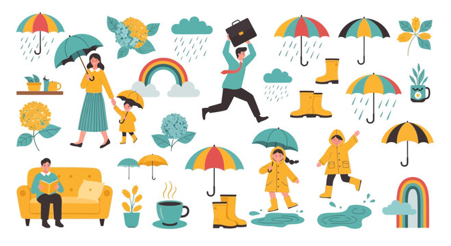 A collection of rainy day themed illustrations featuring people with umbrellas and rain gear.
