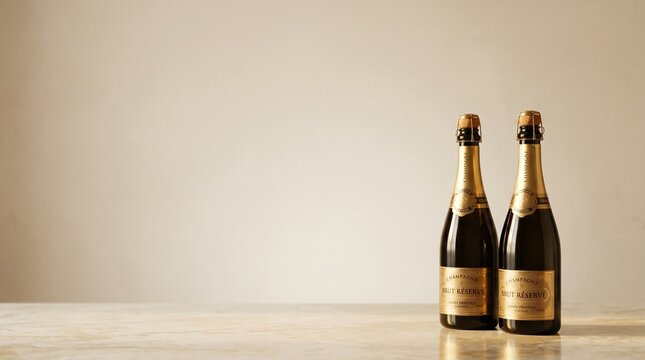 Two bottles of champagne brut reserve with gold labels and corks on a marble surface
