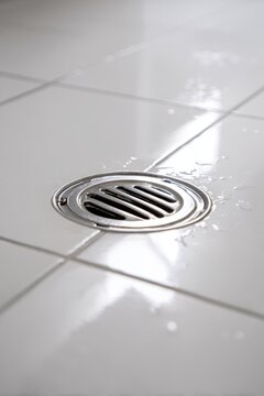 Shiny metal drain grate embedded in a glossy white tile surface