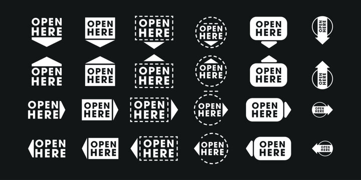 Cut Here and Open Here Signs with Scissors Dotted Line for Coupon Sales Packaging Label, vector illustration