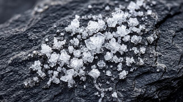 culinary texture exploration, glistening salt crystals emerge organically from rough black slate