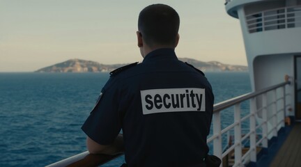 Fototapeta premium Man in security uniform looks at sea from ship deck. Male guard on cruise ship, maritime transport, marine security job. Ocean view, transportation officer, person on vacation.