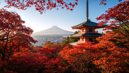 Naklejka premium 紅葉に包まれた五重塔が秋の山寺に立つ日本の風景