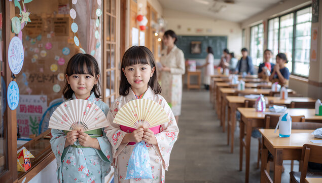 夏の学校行事で団扇を持って並ぶ浴衣姿の日本人の子供たち