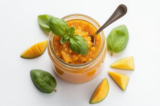 Glass jar filled with sweet mango chutney, garnished with fresh basil leaves. Sliced ripe mangoes surround the preserve on a white surface. A spoon rests in the condiment.