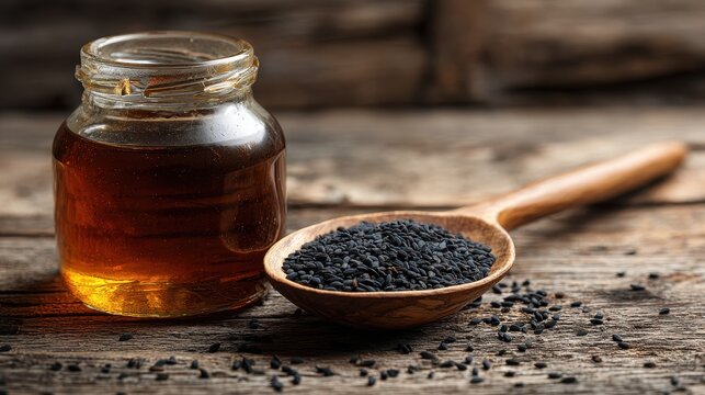 Natural remedy setup with amber oil, black cumin seeds, and spoon on warm wood background