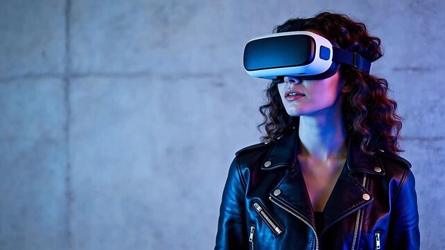 Woman wearing VR headset in leather jacket