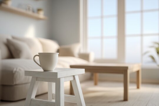White step stool with ceramic cup beside a plush sofa in a sunlit living room