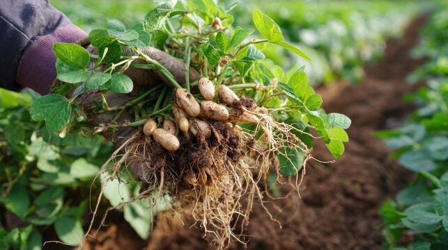 Uprooted peanut plants showing vibrant leaves and intricate root system with pods