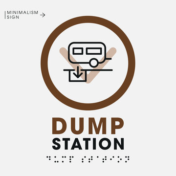 RV dump station sign icon with camper and wastewater disposal symbol, vector illustration.