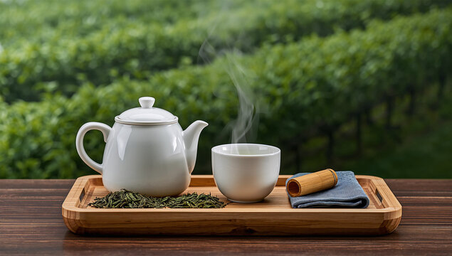 木の盆に急須と緑茶を上品に並べた販促向け物撮り
