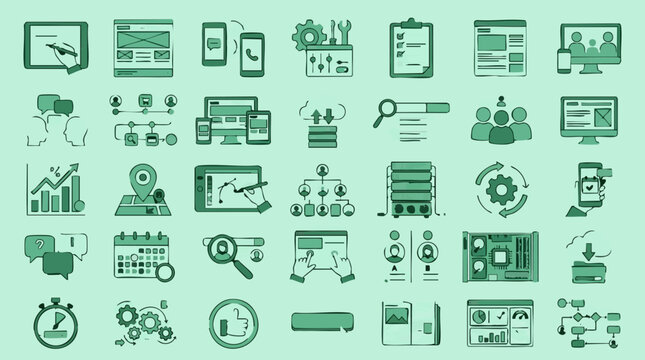 Digital Technology and Business Process Flat Line Icons Set
