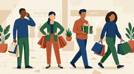 Fototapeta premium Diverse group of people shopping in a mall, carrying bags and gifts