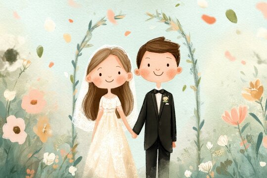 Playful cartoon bride in a lace dress and groom in a tuxedo in a garden scene