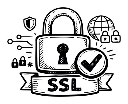 Padlock with SSL banner and checkmark symbolizing digital security, online privacy, and encryption for a protected network