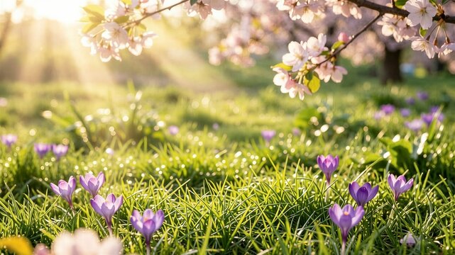 Cherry tree branches hang over purple crocuses on sunlit grass. Layout with space for text.