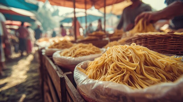 Street market pasta display: raw linguine in open bags with warm daylight