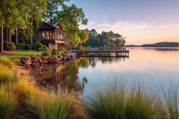 Fototapeta premium Serene waterfront residence along a tree-lined shore in North Carolina