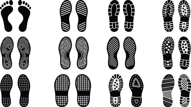 Collection of black silhouettes of human footprints and various shoe sole tread patterns isolated on white background