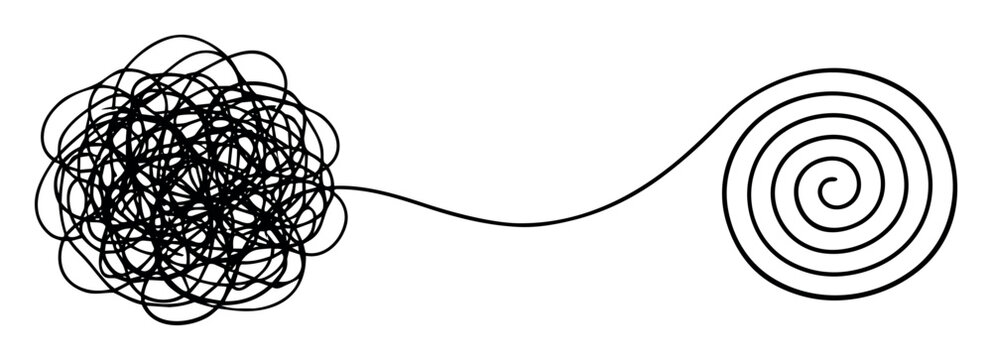 Unraveling concept showing a chaotic tangled mess becoming an organized spiral, symbolizing problem-solving and clarity