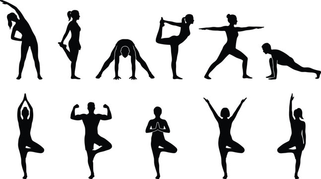 Set of black silhouettes featuring people performing various yoga poses, stretching exercises, and fitness routines isolated on a white background