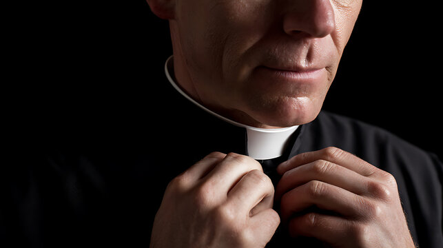 Solemn portrait of a mature clergyman adjust collar against dark background, showcasing dignity and commitment of spiritual life and religious vocation