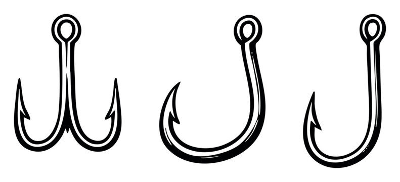 Fishing hooks featuring a treble hook and two single hooks, providing angling equipment and fishing gear elements on white background
