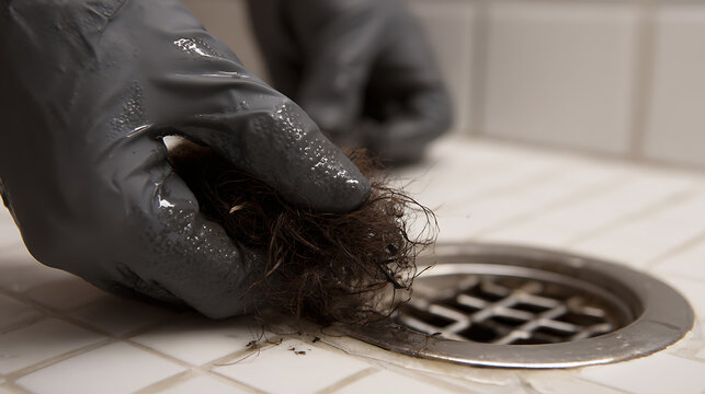 Gloved hand clear bathroom drain with clump of hair, show common household maintenance task, hygiene, and need for upkeep in home