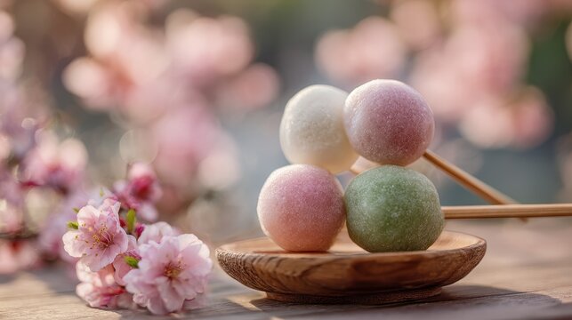 Pastel hanami dango on skewers amid soft blooming cherry trees