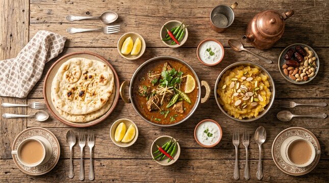 Traditional Eid ul Adha Breakfast Table with Nihari, Naan and Pakistani Food Styling