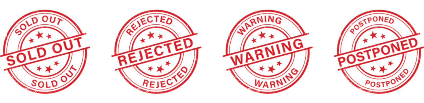 Set of four red rubber stamps with text: sold out, rejected, warning, postponed Vector