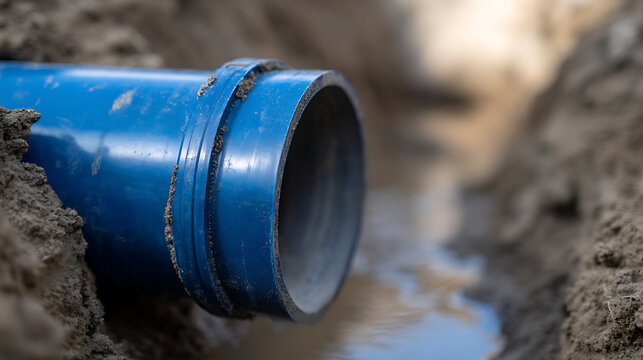 Blue Plastic Pipe Lay in Dirt Trench with Water Line for Underground Utility Installation, Plumbing Repair or Construction Project