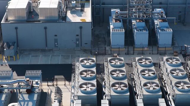 Close Up View of Data Center Rooftop Cooling and Mechanical Systems. San Antonio Texas.