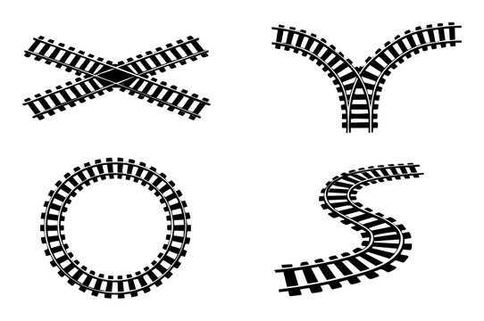 Railroad tracks set featuring different path formations, including a crossing, a Y-junction, a circular loop, and a winding curve