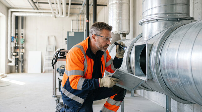 Builder checking ventilation duct with tools in industrial setting. Maintenance technician inspects metal ductwork for functionality while wearing safety gear and gloves.