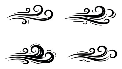 Fototapeta premium Four distinct black line art illustrations depicting swirling air and wind streams, conveying motion, speed, and weather concepts