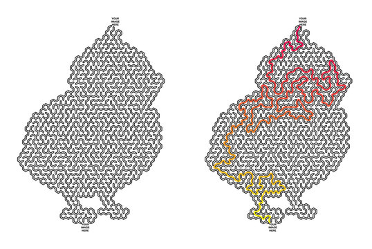 Outline of two Easter chicks in labyrinth design with color paths  