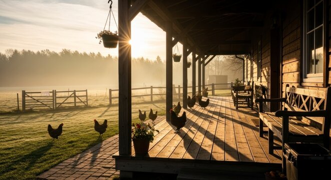 Des poules sur une v&eacute;randa donnant sur un paysage brumeux au lever du soleil