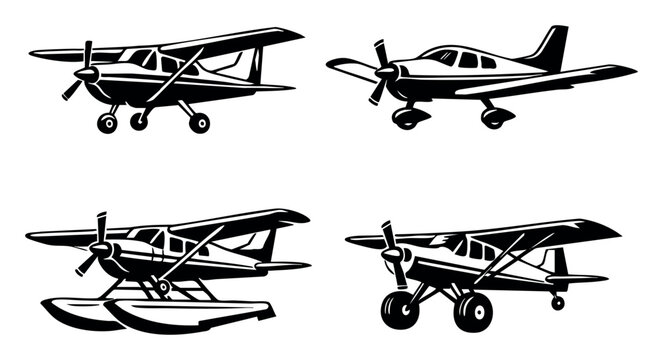 Various designs of propeller planes and a float plane. Collection of aircraft symbols for transport and flying concepts